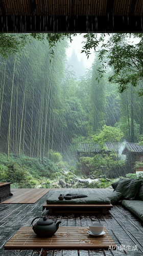 雨中竹林小木屋的惬意茶香与自然治愈