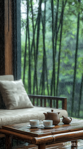 雨中竹林小木屋的惬意茶香与自然治愈
