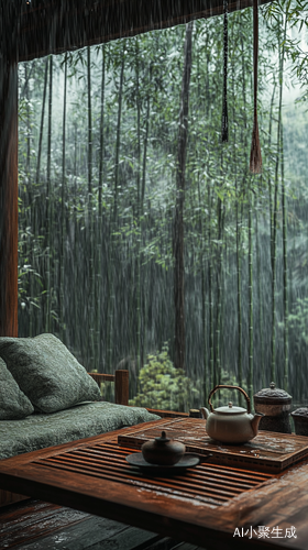 雨中竹林小木屋的惬意茶香与自然治愈