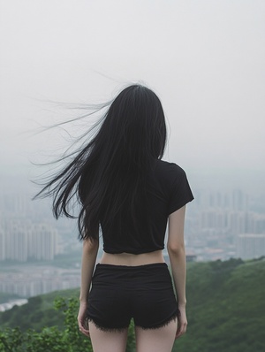 A Chinese girl with long black hair stands on the top of Shenzhen Mountain, wearing short sleeves and shorts in dark , overlooking distant cities. Her figure is gracefully against her backdrop. The wind blows up her skirt as she gazes into the distance, creating an atmosphere filled with mystery. in the style of . A Chinese girl with long black hair stands on the top of Shenzhen Nanshan Mountain, wearing short sleeves and shorts in dark , with city buildings visible behind her. Her figure is fully displayed