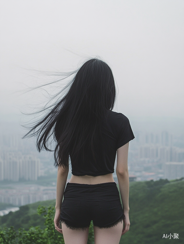 Mysterious Chinese Girl on Shenzhen Mountain Overlooking Distant Cities