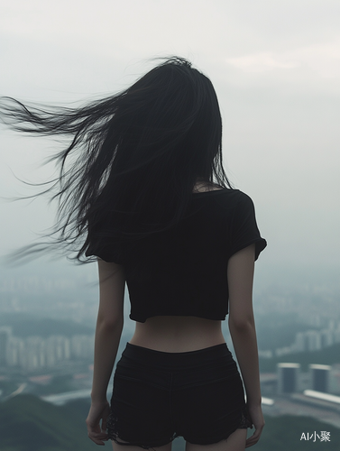 Mysterious Chinese Girl on Shenzhen Mountain Overlooking Distant Cities