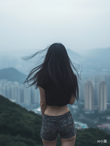 Mysterious Chinese Girl on Shenzhen Mountain Overlooking Distant Cities