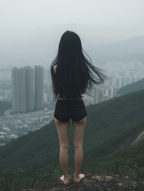 A Chinese girl with long black hair stands on the top of Shenzhen Mountain, wearing short sleeves and shorts in dark , overlooking distant cities. Her figure is gracefully against her backdrop. The wind blows up her skirt as she gazes into the distance, creating an atmosphere filled with mystery. in the style of . A Chinese girl with long black hair stands on the top of Shenzhen Nanshan Mountain, wearing short sleeves and shorts in dark , with city buildings visible behind her. Her figure is fully displayed