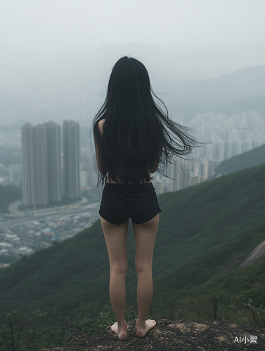 Mysterious Chinese Girl on Shenzhen Mountain Overlooking Distant Cities