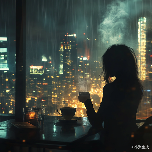 孤独女人在黑夜雨中靠窗品咖啡与烟未熄灭