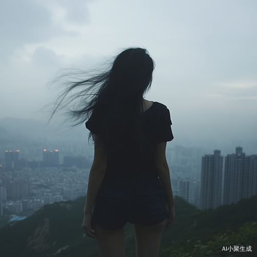 Mysterious Chinese Girl on Shenzhen Mountain Overlooking Distant Cities