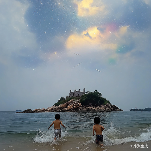 两个小男孩在星空下奔跑于梦幻城堡