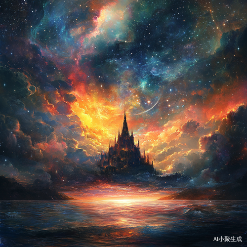 海水魔法城堡下的星空夜晚与五彩云朵