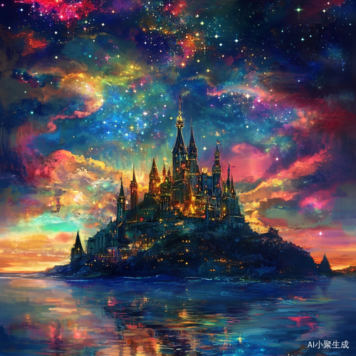 海水魔法城堡下的星空夜晚与五彩云朵