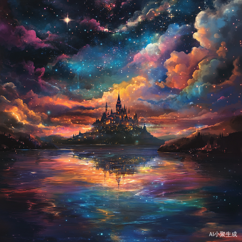 海水魔法城堡下的星空夜晚与五彩云朵