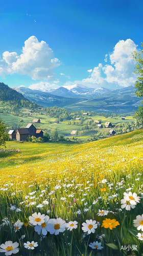 Spring Countryside Landscape with Flowers and Distant Mountains