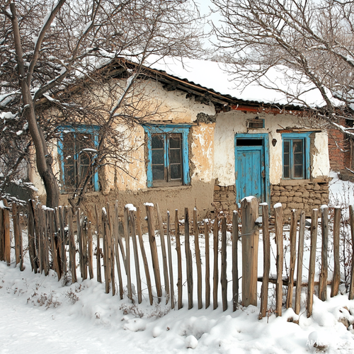 怀旧农村老房子在雪景中的破旧风貌