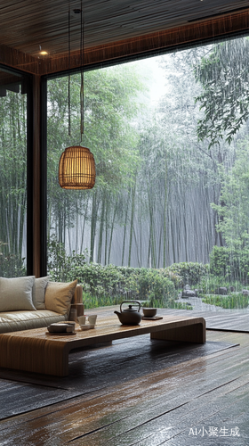 雨中的竹林小木屋享受自然与宁静