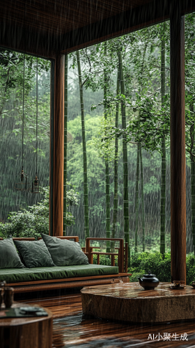 雨中的竹林小木屋享受自然与宁静