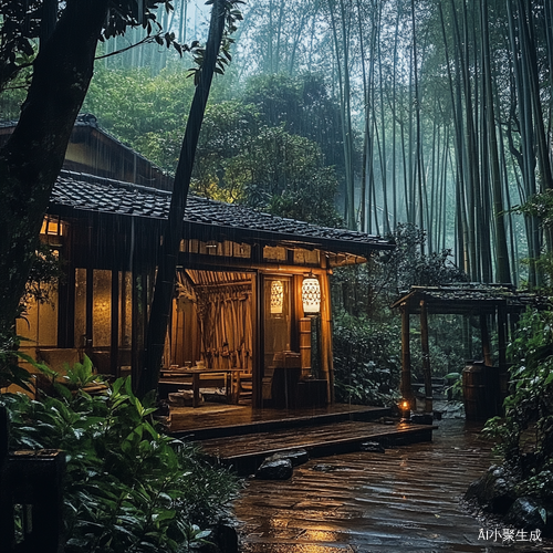 雨中竹林小木屋茶香四溢的惬意时光