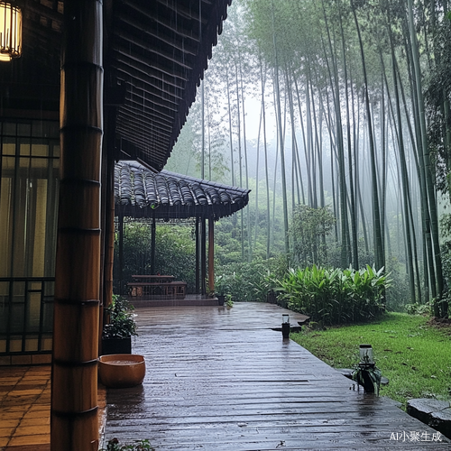 雨中竹林小木屋茶香四溢的惬意时光