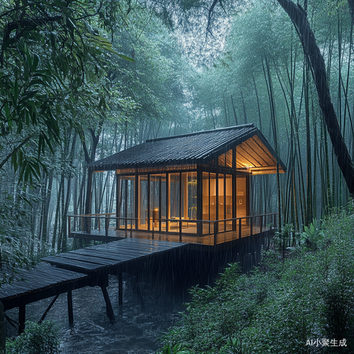 雨中竹林小木屋茶香四溢的惬意时光
