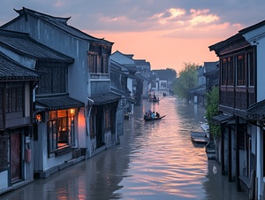 江南水乡，绵绵细雨，远景，大景，写实风格，夕阳，游客，真实，高清摄影