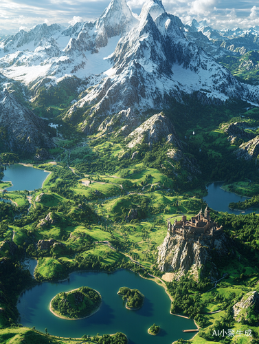 青翠植被与欧式城堡雪山空岛交融的风景图