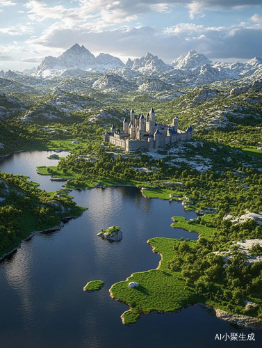青翠植被与欧式城堡雪山空岛交融的风景图