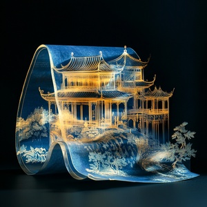 一张卷曲宣纸上的折叠模型，宣纸透明度60%，青金色，Nick Veasey,微缩景观，画卷上中国古代城市和山水，苏州园林风格，三维古风，x-ray，古典和未来主义，极简构图，移位轴摄影，自发光，内发光，浅蓝色，辛烷值渲染，干净的背景，流体水墨，极致细节,16K高清