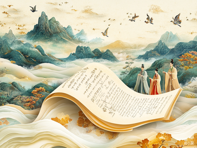 China Chic Style with Felt Material and Ancient Poets in Surreal Landscape