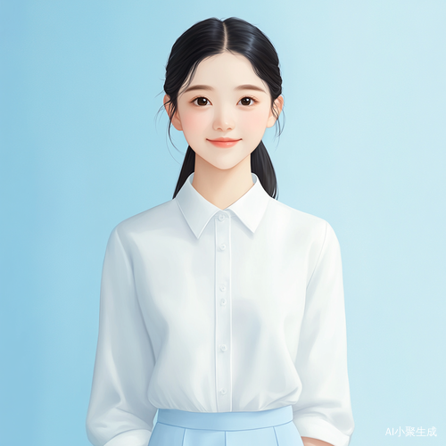15岁中国女孩微笑穿搭翻驳领衬衫和浅蓝短裙