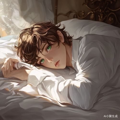 棕色头发男生绿色眼睛穿白衣服躺在床上