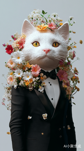 身穿黑色西服的花猫全身像