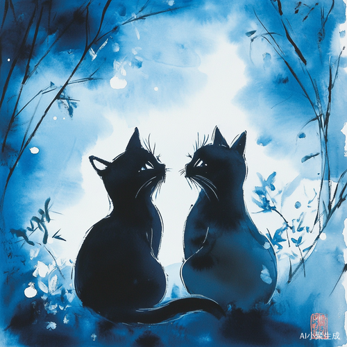水墨画中两只猫咪挤坐挎蓝秀恩爱