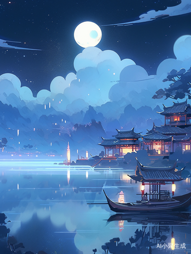 古风建筑环绕的宁静西湖与月光下的小船