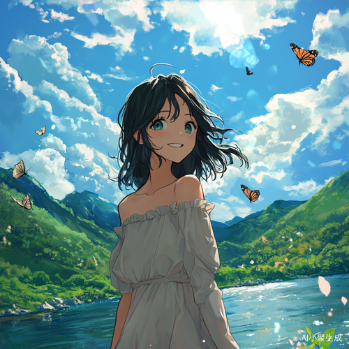 动漫风格湖边女孩阳光微笑与自然美丽