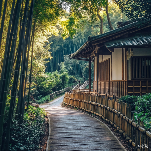 木屋与小桥环绕的竹林景致