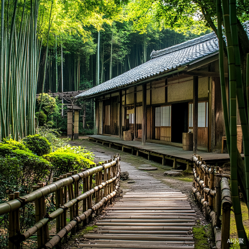 木屋与小桥环绕的竹林景致