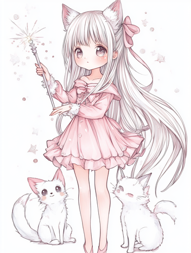 银色长发少女身着公主裙与九尾狐的梦幻瞬间