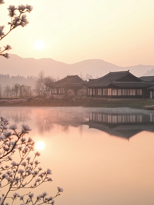 泰山流水，桂花树，日落时分，山水对称，柔和色调，成排小屋，广角镜头，水面倒影，微风拂过，宁静。