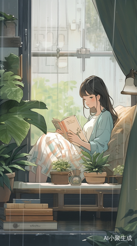 窗前雨夜女孩在沙发阅读绿植相伴