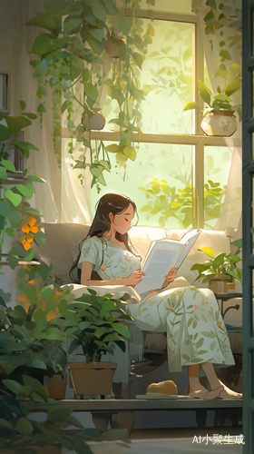 窗前雨夜女孩在沙发阅读绿植相伴