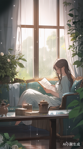 窗前雨夜女孩在沙发阅读绿植相伴