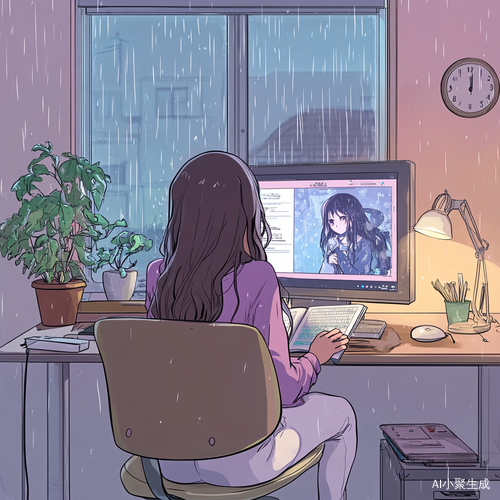 女孩在雨中阅读漫画和观看动漫的简约房间