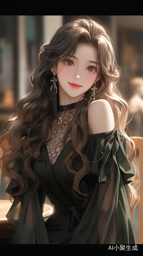 现代美女黑色上衣微笑于咖啡厅背景