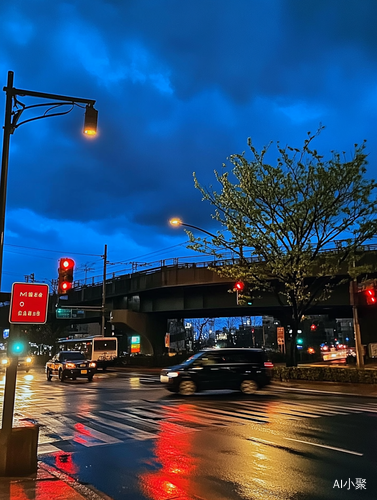 夜晚立交桥下的街道与交通灯的瞬间