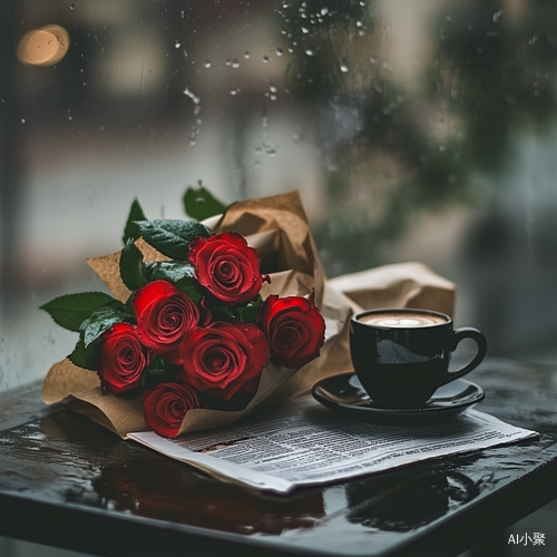 A Serene Rainy Day Moment with Roses and Coffee