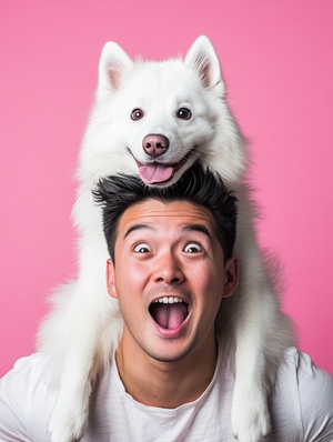 A cute Samoyed dog, lying on the shoulders of an Asian man, whispering to the man, the man showing a surprised expression, fine details, realistic, real fine rich scenes, the back shock is pink wallpaper, there is a strong impact in the tranquility, professional photographer lens, Canon EOS, photographer Yousuf Karsh, cinematography style, best quality, masterpiece, ar 3:4, v6