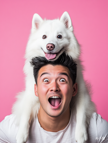 Samoyed Whispers to Surprised Man Against Pink Wallpaper