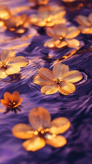 金色的花朵漂浮在水面上，水波，特写，反射着金色的阳光，水的颜色是紫色的，金色亮片喷雾，国家地理照片