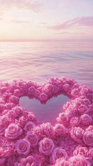 The fancy pink sea, Pink roses are sprinkled all over floating on the sea ,arranged into heart shape. taken from a close overlooking angle using a Canon EOS R5 camera with a standard lens