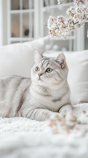 Capture the tranquil beauty of a gray and white British Shorthair cat with eye-catching gray markings across its eyes; sitting on a delicate white carpet; small colored flowers shown on carpet. The composition includes a chic white sofa and a cabinet with glass doors; evoking a sense of elegance and purity. Soft; natural light enhances the cozy ambiance. Created Using: naturalistic photography; soft diffuse lighting; high detail in textures; elegant home decor styling; subtle floral accents; soft fur textur