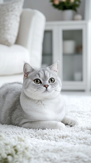 Capture the tranquil beauty of a gray and white British Shorthair cat with eye-catching gray markings across its eyes; sitting on a delicate white carpet; small colored flowers shown on carpet. The composition includes a chic white sofa and a cabinet with glass doors; evoking a sense of elegance and purity. Soft; natural light enhances the cozy ambiance. Created Using: naturalistic photography; soft diffuse lighting; high detail in textures; elegant home decor styling; subtle floral accents; soft fur textur